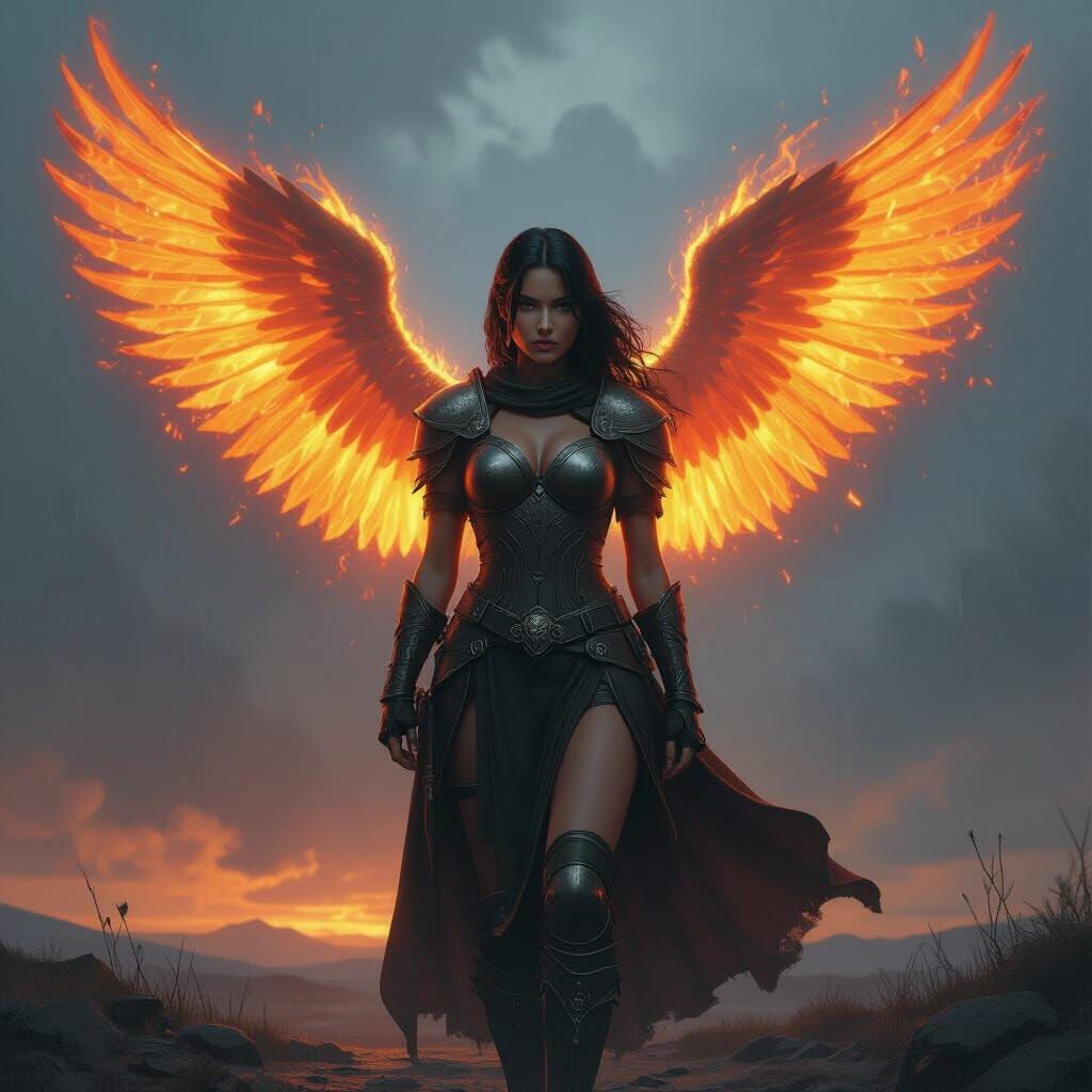 Fiery Winged Warrior in Stormy Landscape