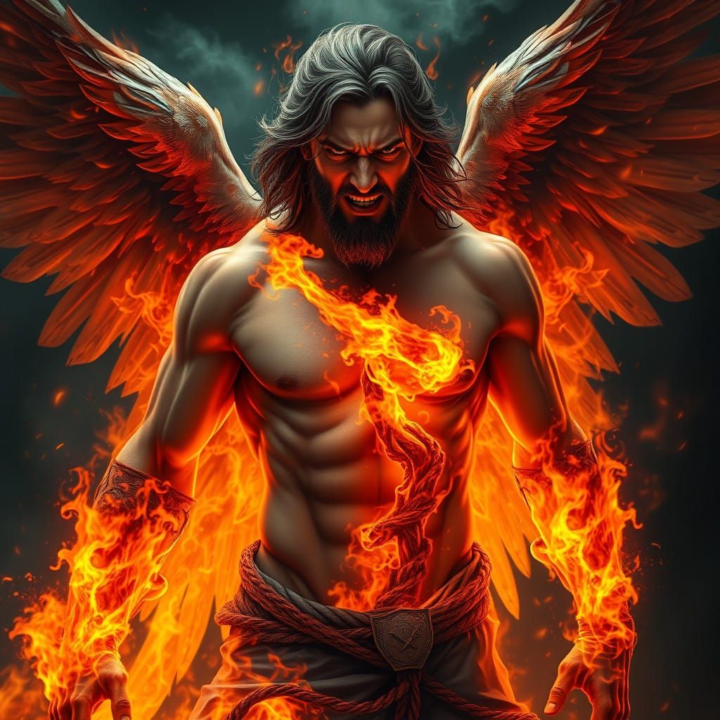 Grimacing Angel Consumed by Inferno