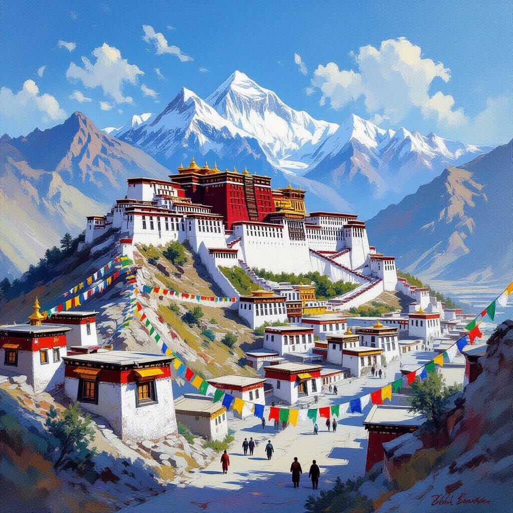 Lhasa Tibet: Potala Palace & Himalayas Oil Painting