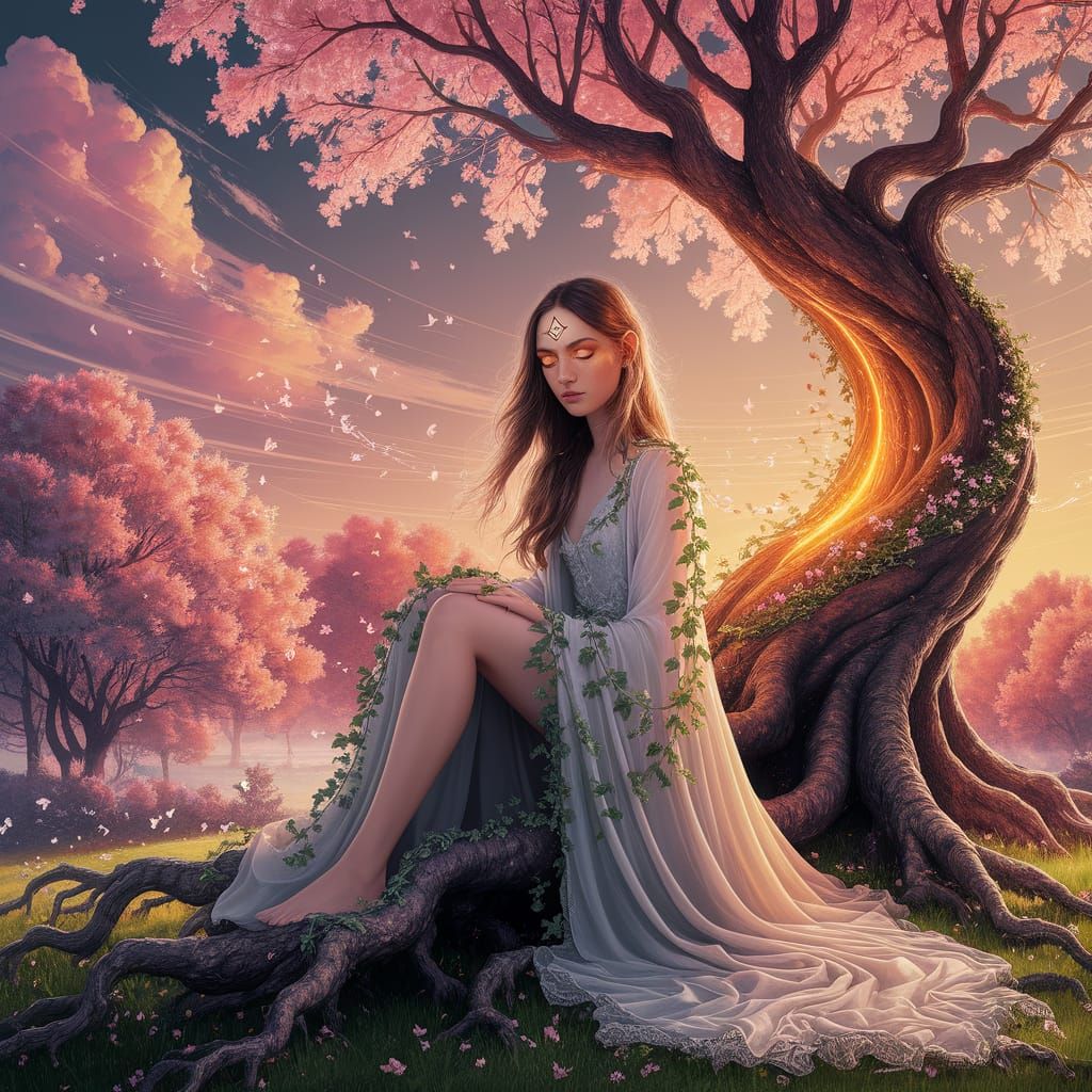 Ethereal Woman in Forest, Art Nouveau Digital Art