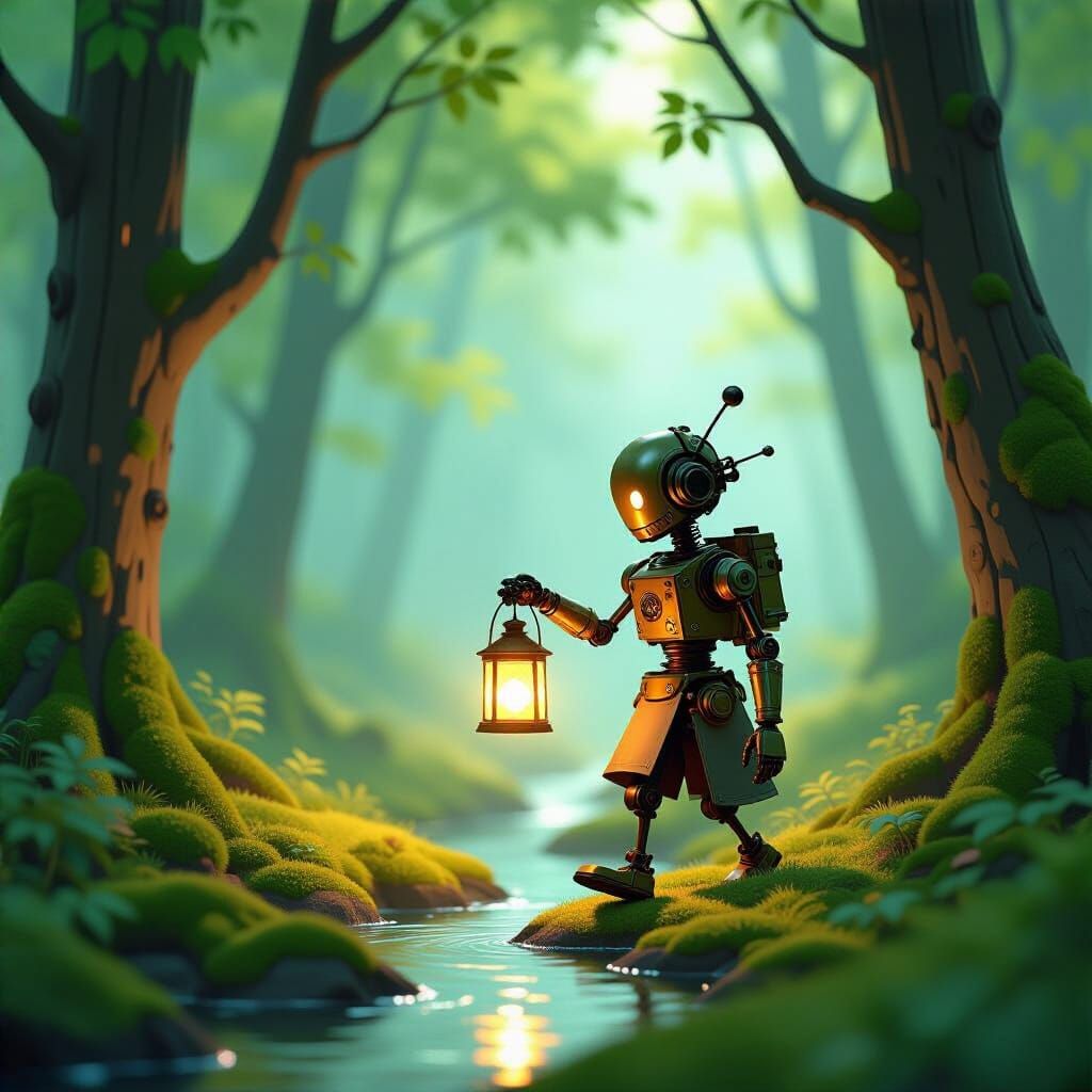 Clockwork Automaton in Sunlit Forest Clearing