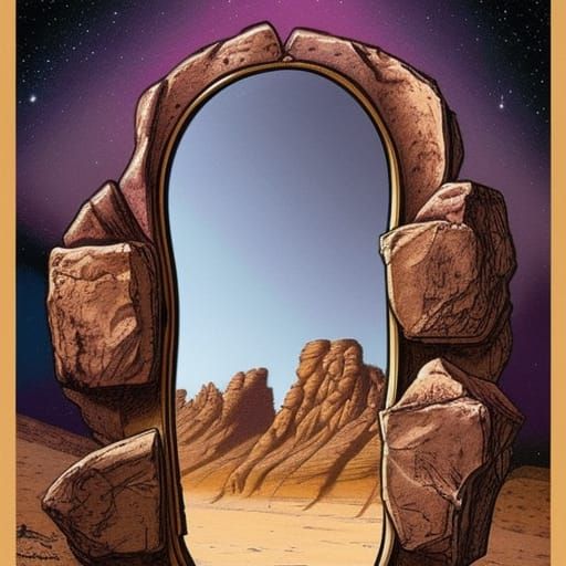 A mirror in the middle of the desert. The mirror is cracked.