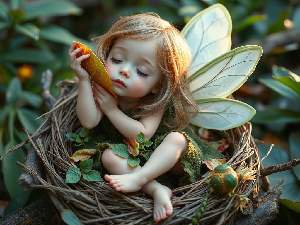 Sleeping Fairy Girl in Bird's Nest