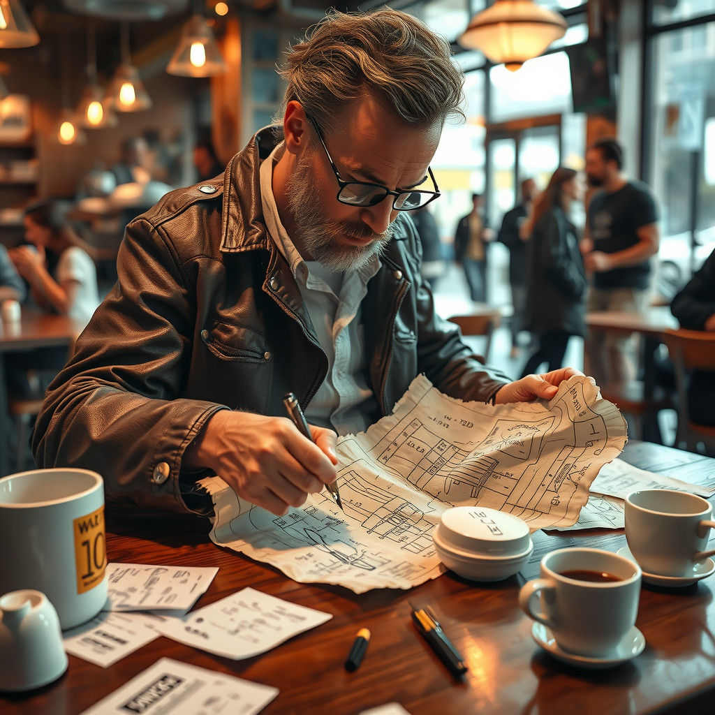 Futuristic Scientist Designs Warp Drive in Coffee Shop