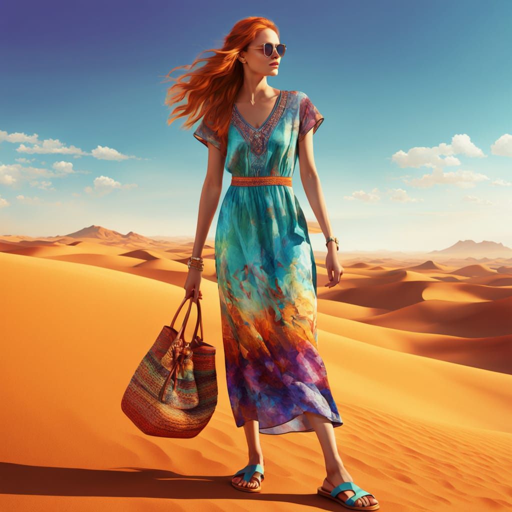 Red Haired Model in Vibrant Fused Color Summer Dress