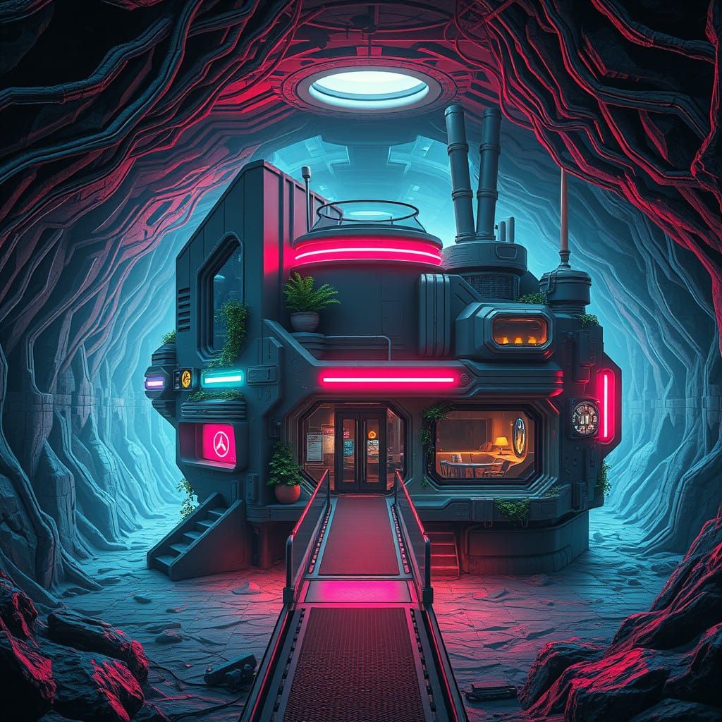 Subterranean Futuristic Habitat with Neon Accents and Lush G...
