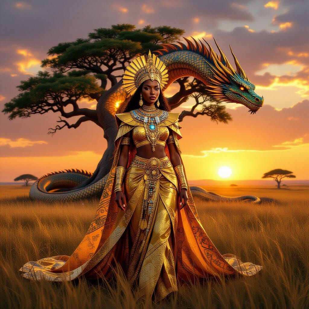 African Queen and Dragon in Golden Light