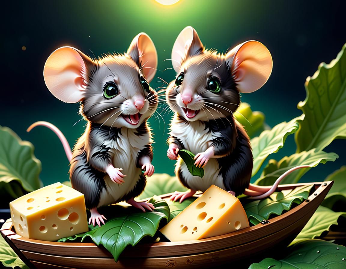 Whimsical Baby Mice Discover Cheese Treasure