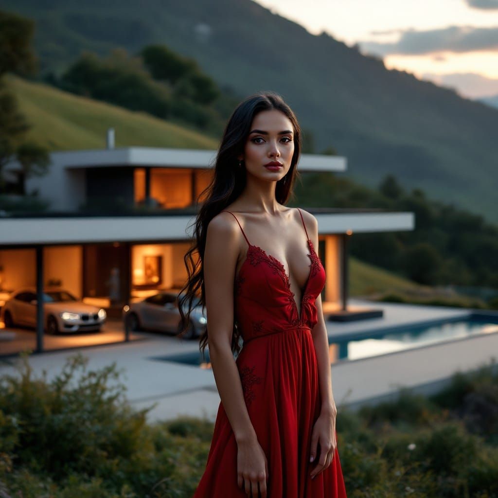 Elegant Woman in Red Gown at Modern Mountain Home