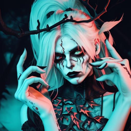 Goth Model in Dead Leaves with Neon Light