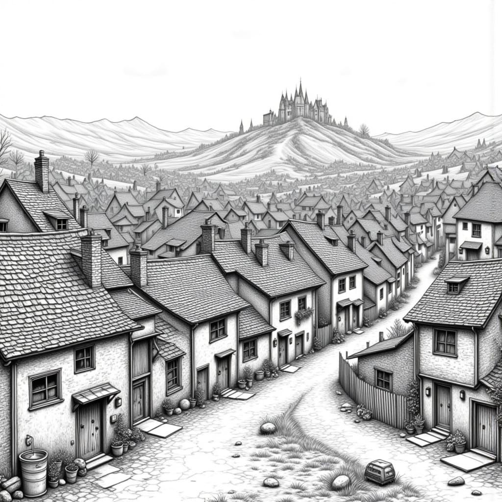 Whimsical Graphite Village in Vintage Illustration Style