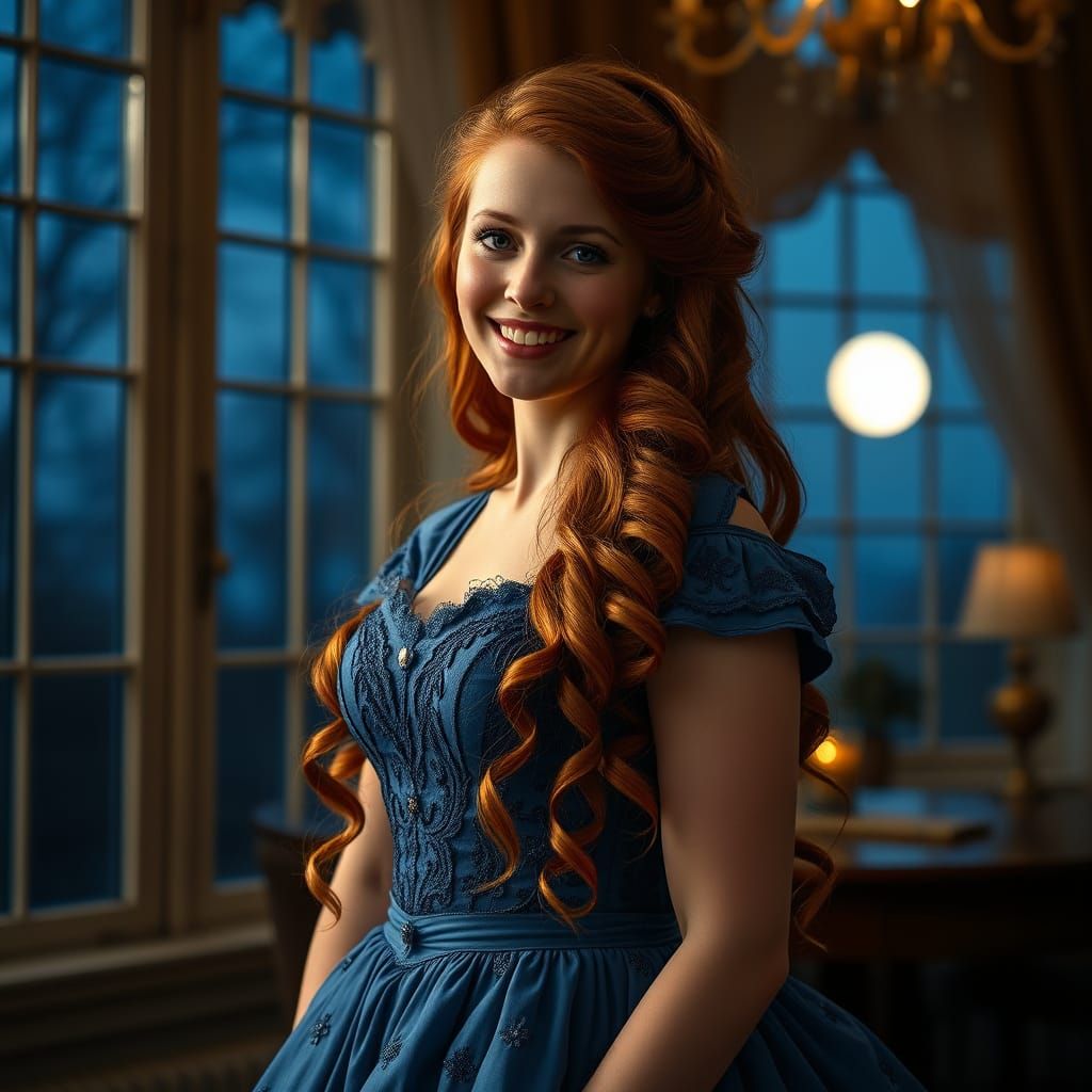 Victorian-Era Woman Smiles in Moonlit Ball Gown