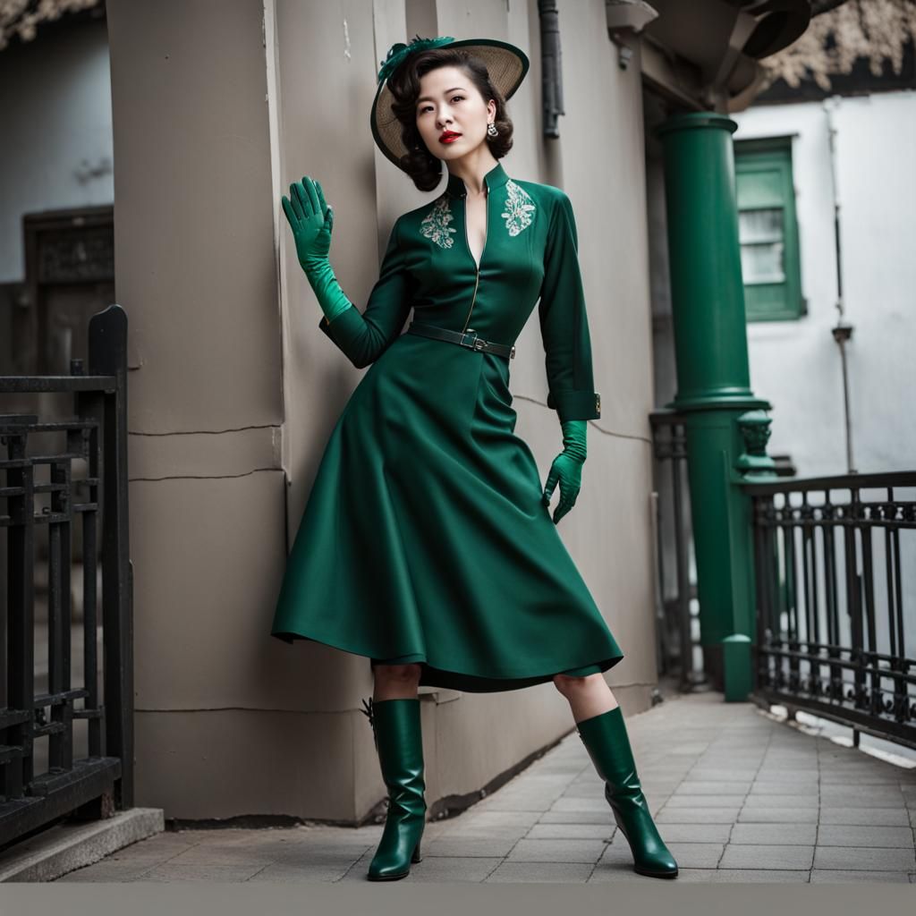 Emerald Qipao Dress with Gloves and Boots