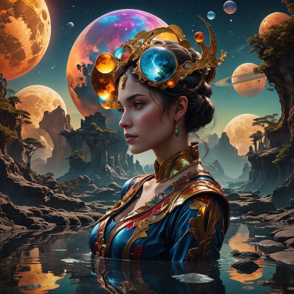 Venusian Profile with Reflecting Moons in Matte Painting