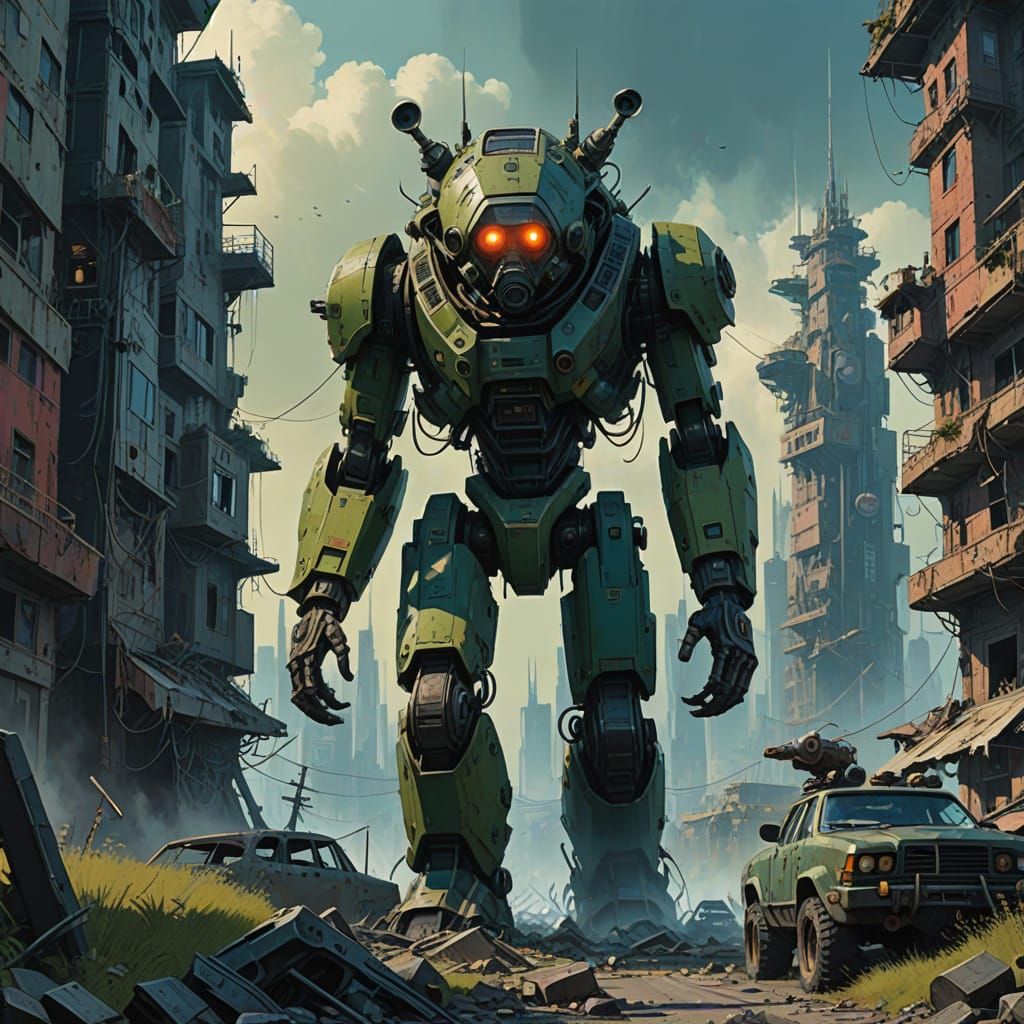 Post-Apocalyptic Warrior in Futuristic City Ruins