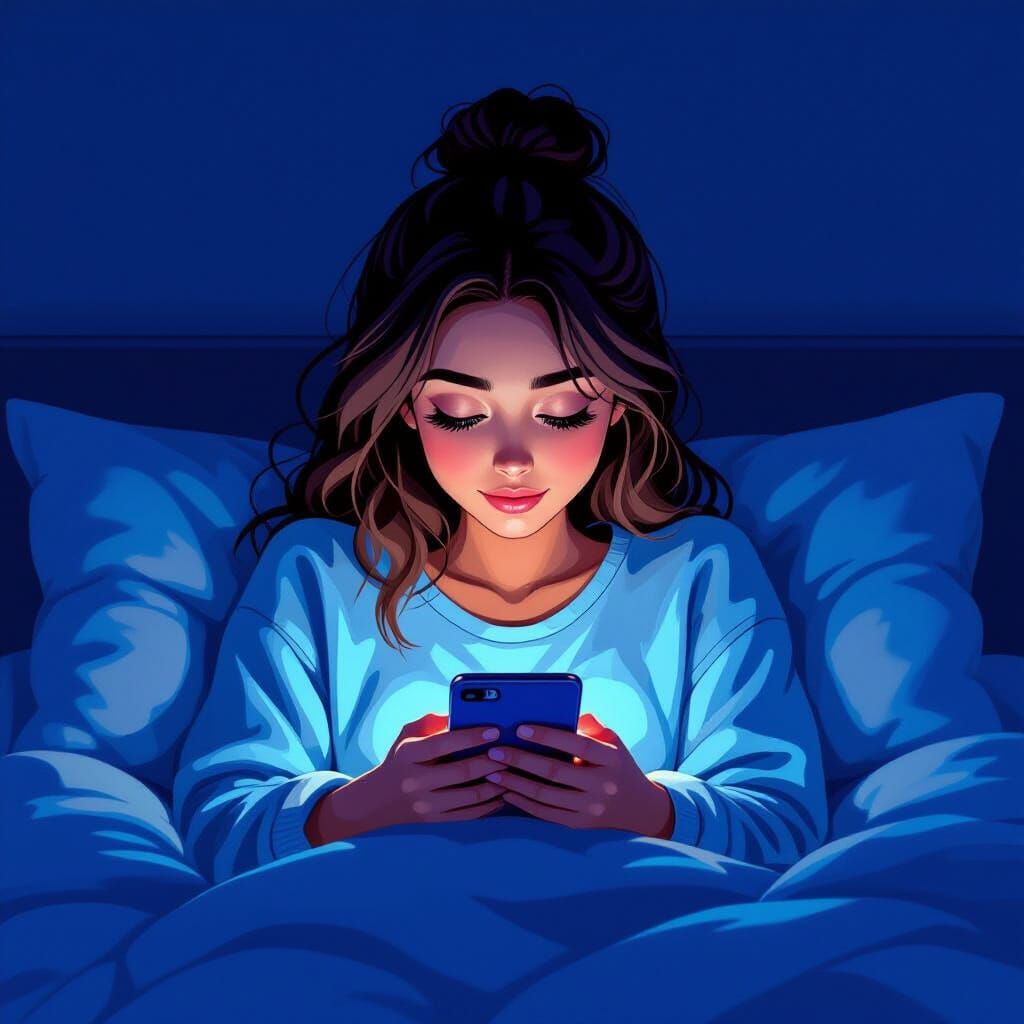 Woman Scrolling Smartphone In Bed At Night, Cartoon Style