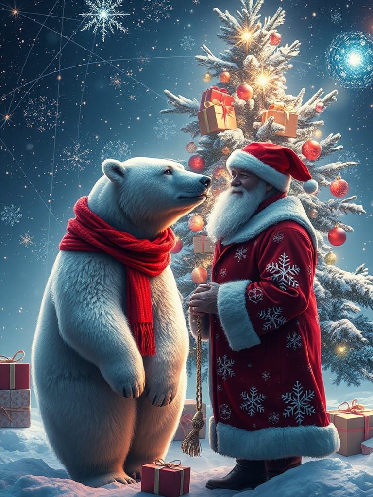 Ethereal Christmas Scene: Polar Bear and Santa in Cosmic Win...