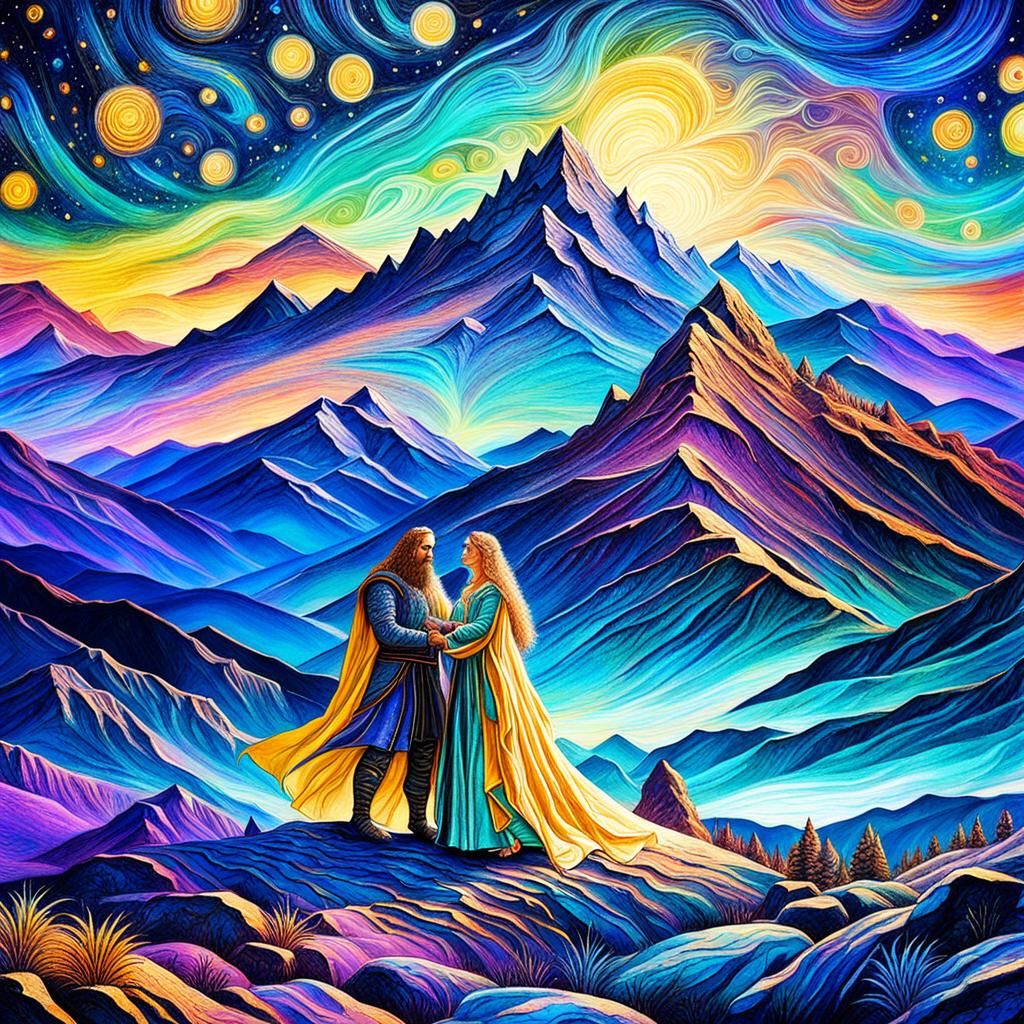 Siegfried and Brunhilde Embrace Under Astral Sky