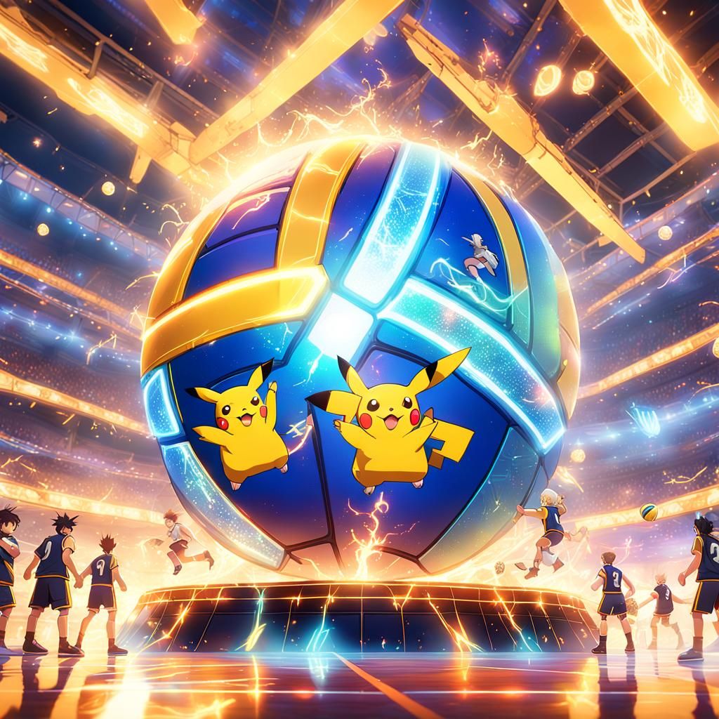 Pikachu Volleyball in a Magical Arena: Digital Art