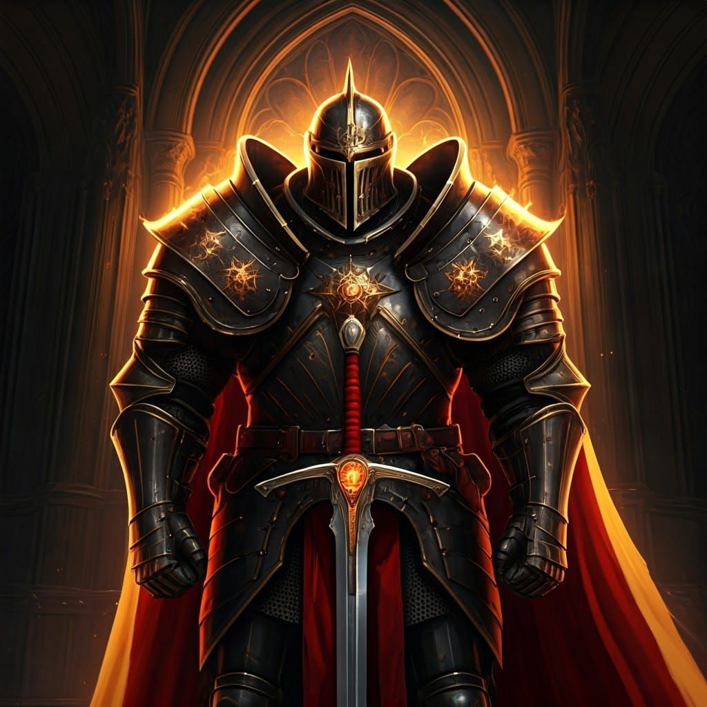 Medieval Knight in Black and Gold Armor