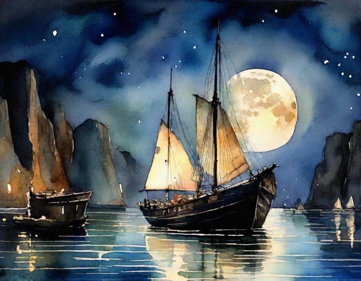 Dreamy Post-Impressionist Harbor Scene Under a Full Moon