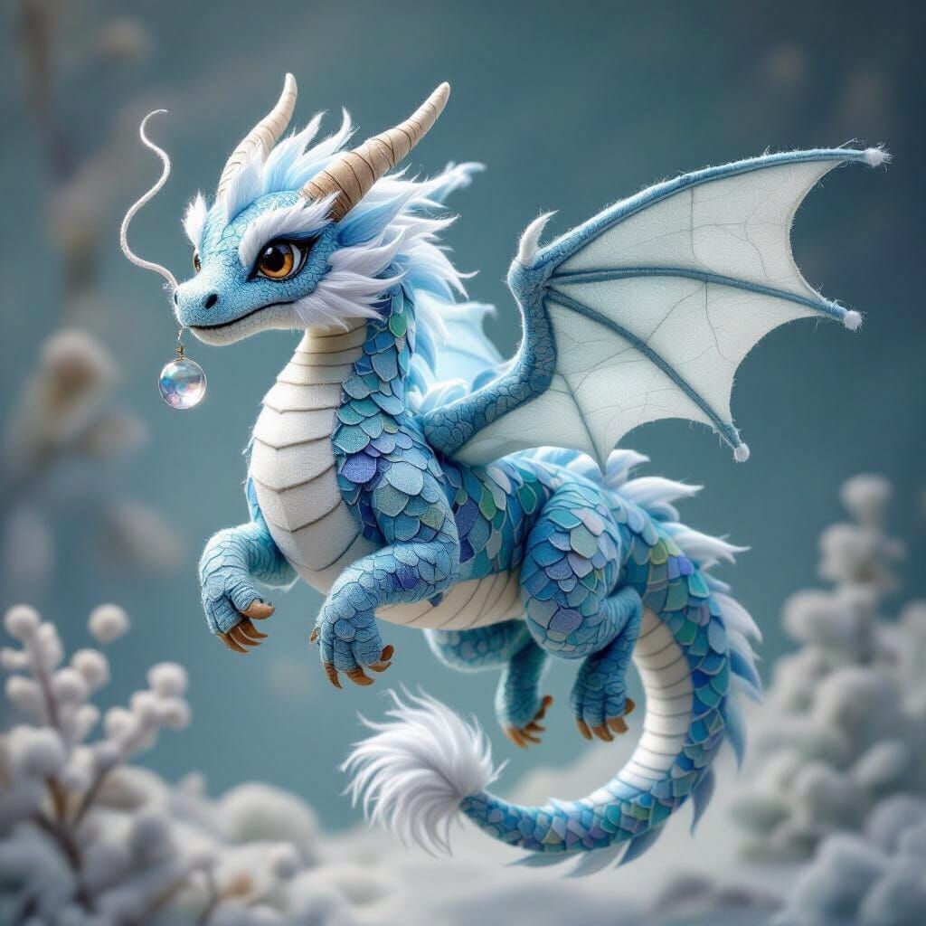 Felted Dragon in Flight: Hyperrealistic Digital Illustration