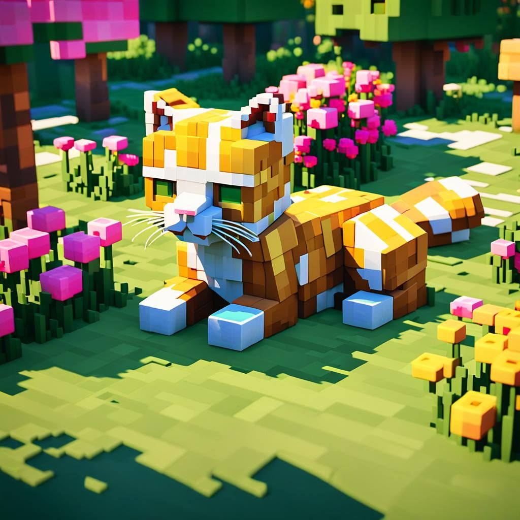 Ginger Voxel Cat Sleeping in Minecraft Garden