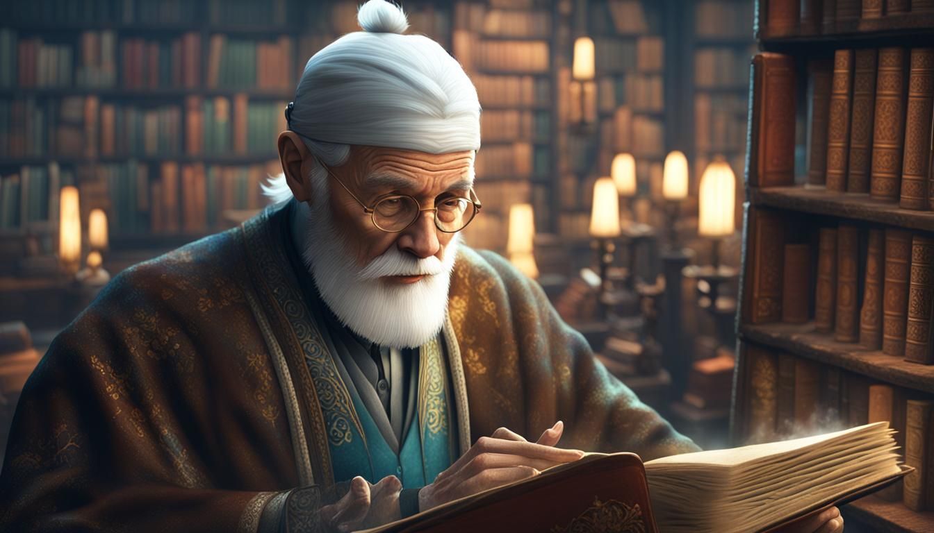 Elderly Man Reading in Library: Detailed Digital Art