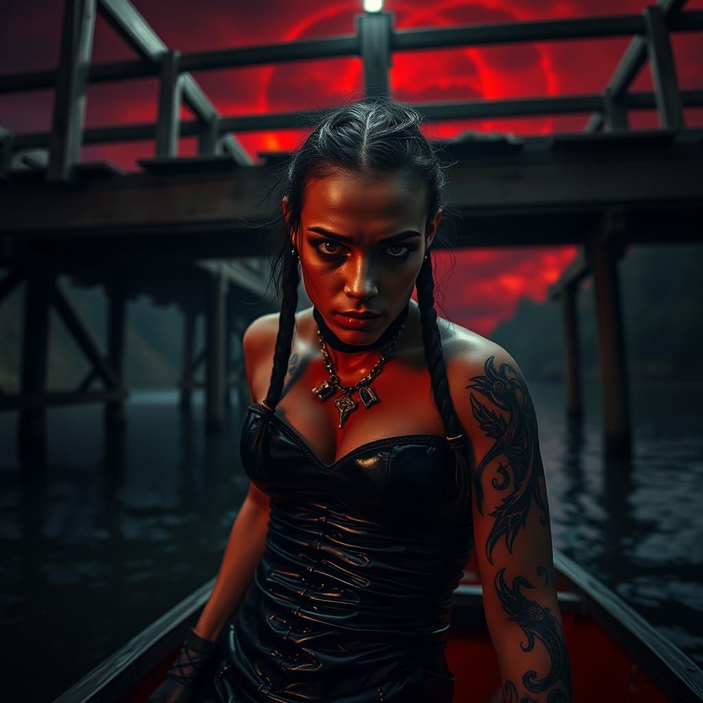 Gritty Portrait of a Domme in Latex, Standing on a Boat Unde...