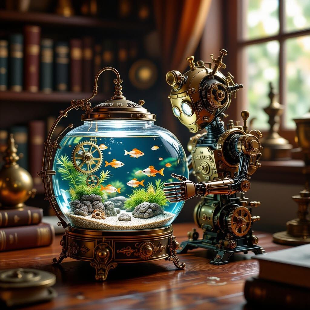 Steampunk Automaton Tends Mechanical Fish Aquarium