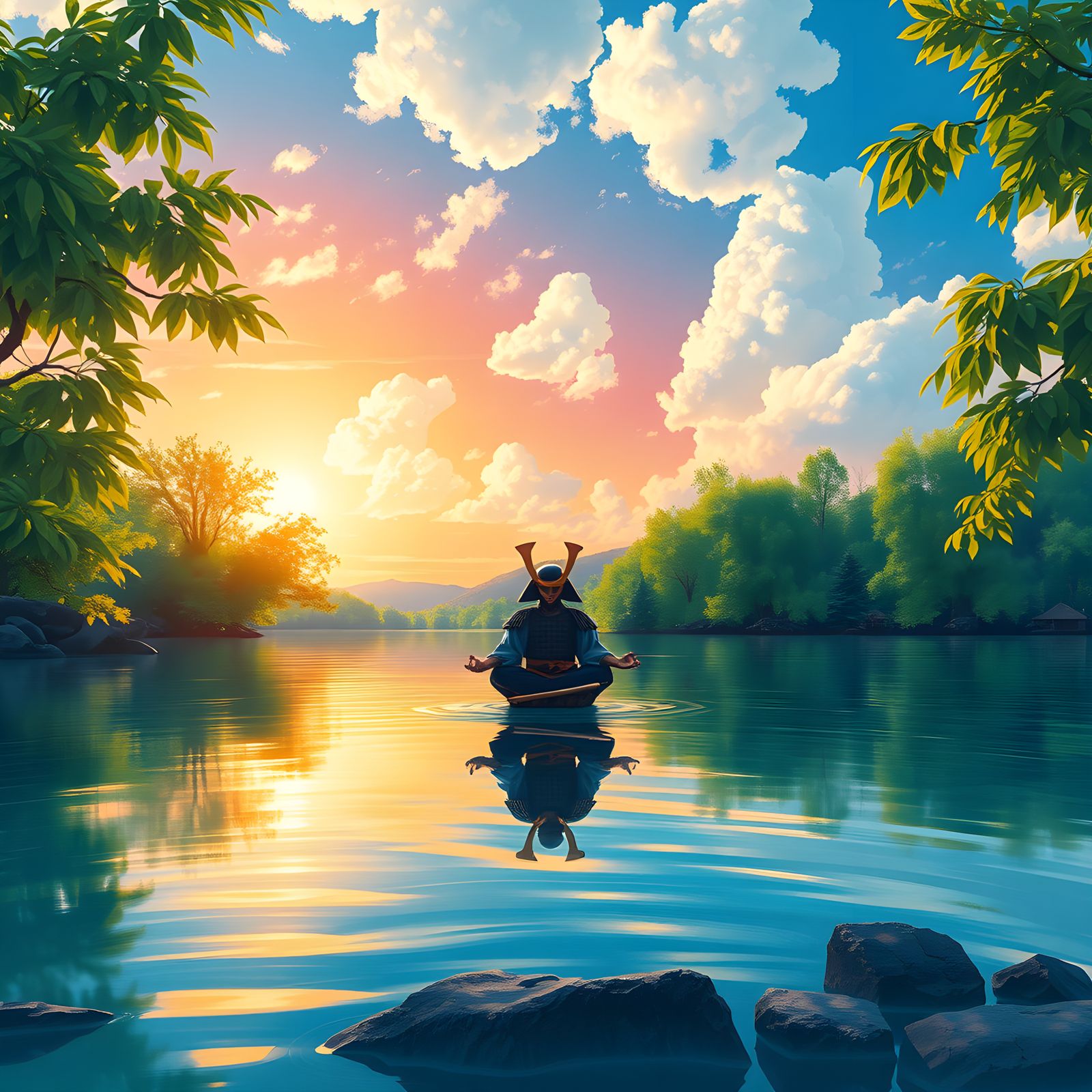 Samurai Meditation: 3D Anime Art in Gouache Style