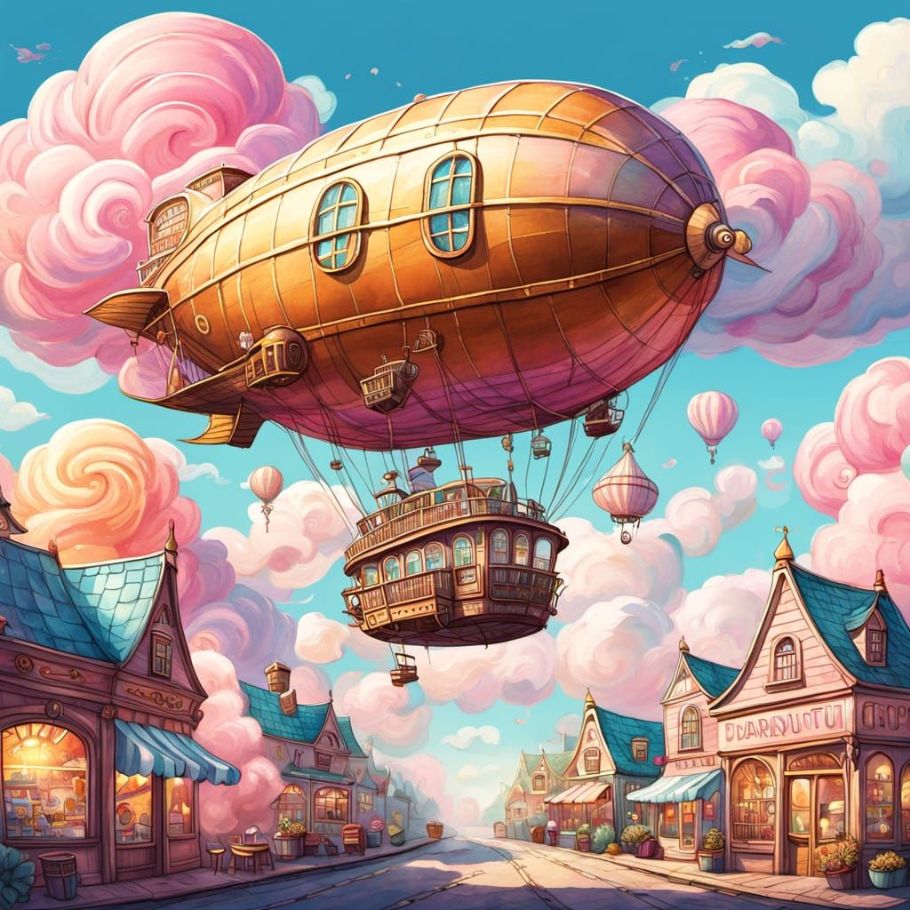 Fantasy Airship Above Cotton Candy Shop Illustration