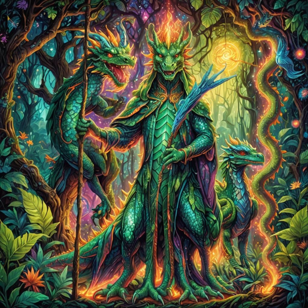 Two-Headed Dragon in Cosmic Jungle Illustration