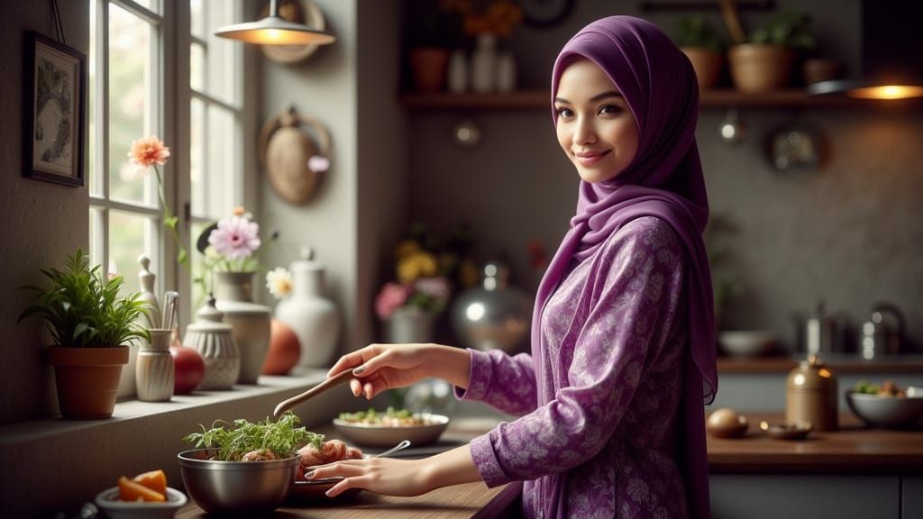 Muslim Lady in Purple Kebaya, Digital Matte Painting