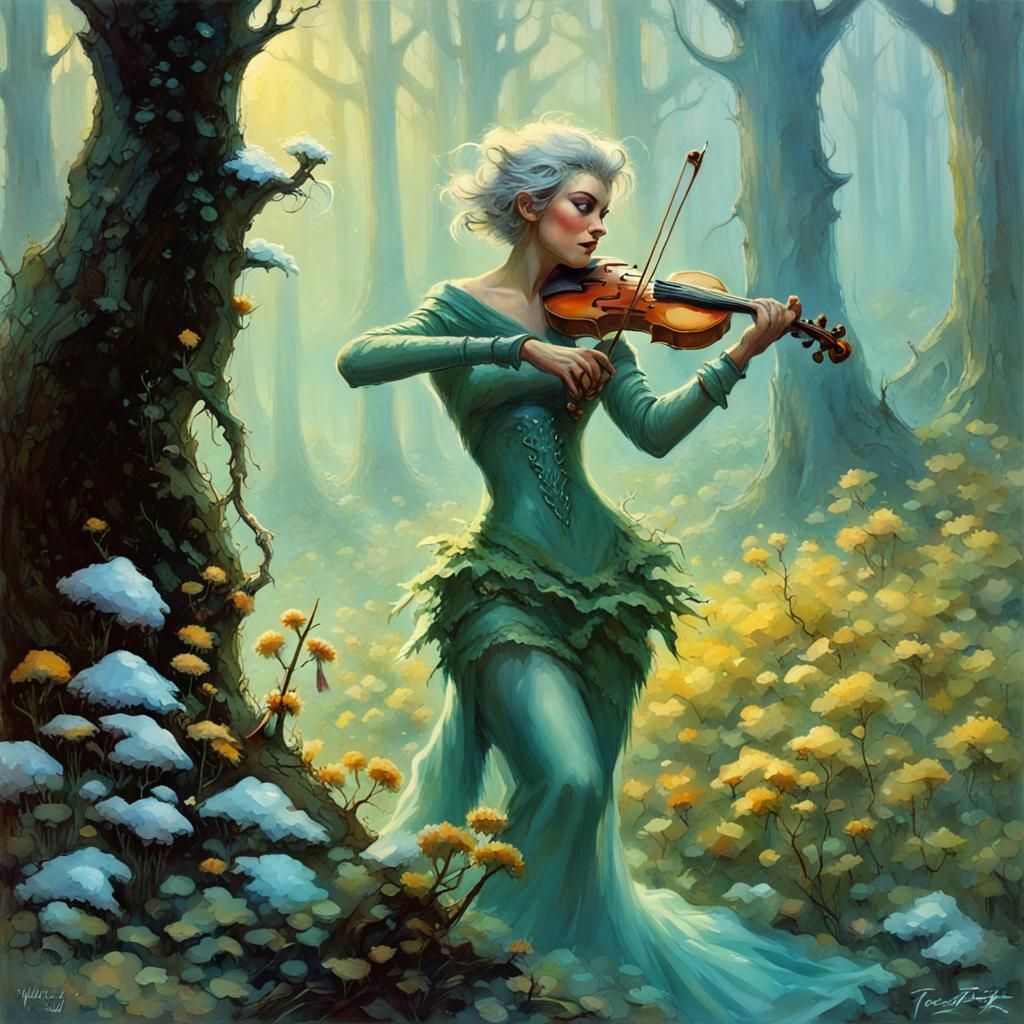 Fiddler in Futuristic Fantasy Forest, Frazetta Style