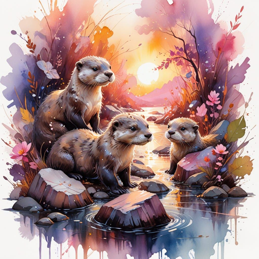 Joyful Otter Family at Sunset: Watercolor Painting
