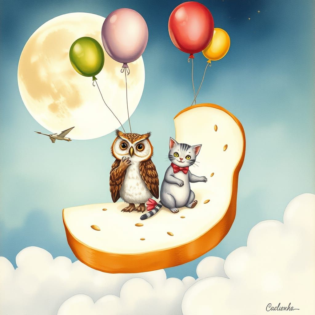 Whimsical Owl and Pussycat on a Fantastical Breadship Voyage