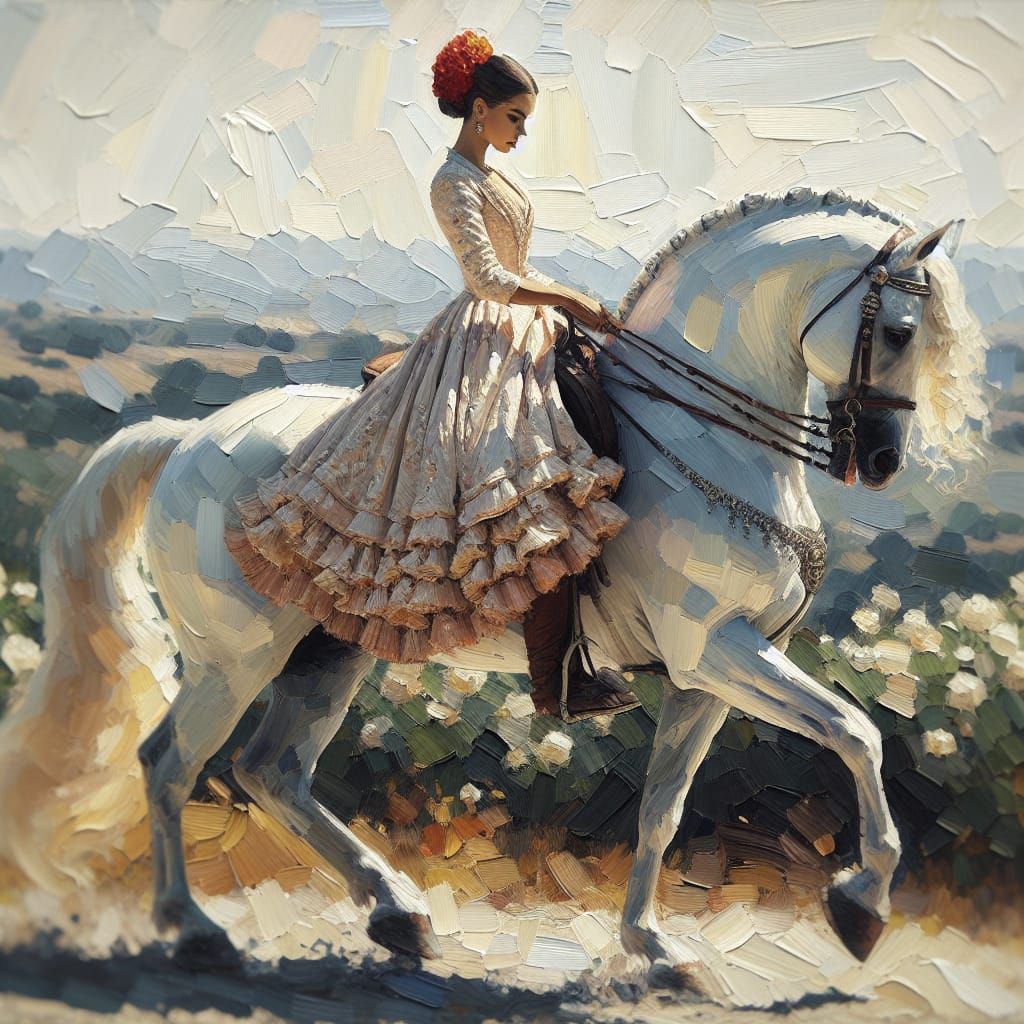 Spanish Woman on Andalusian Horse in Impasto Style