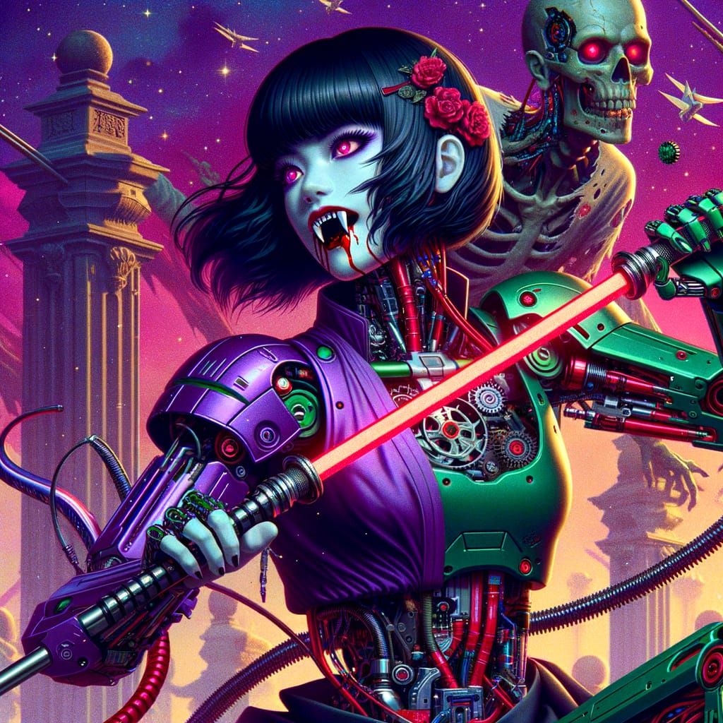 Android Vampire Lady in Retro-Futuristic Anime Style