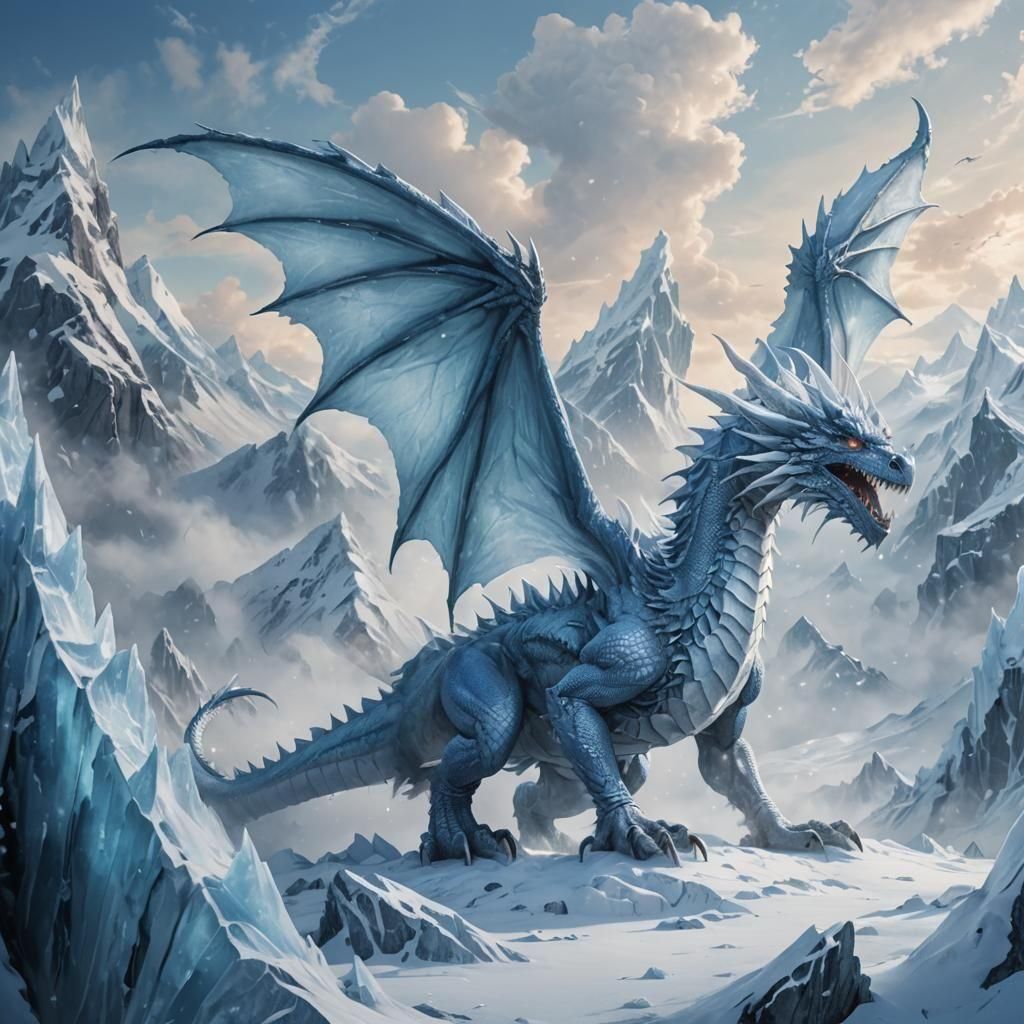 blue white dragon+monster with wings made of ice shards and ice crystals, cold white steam clouds; snow myst mountain ba...