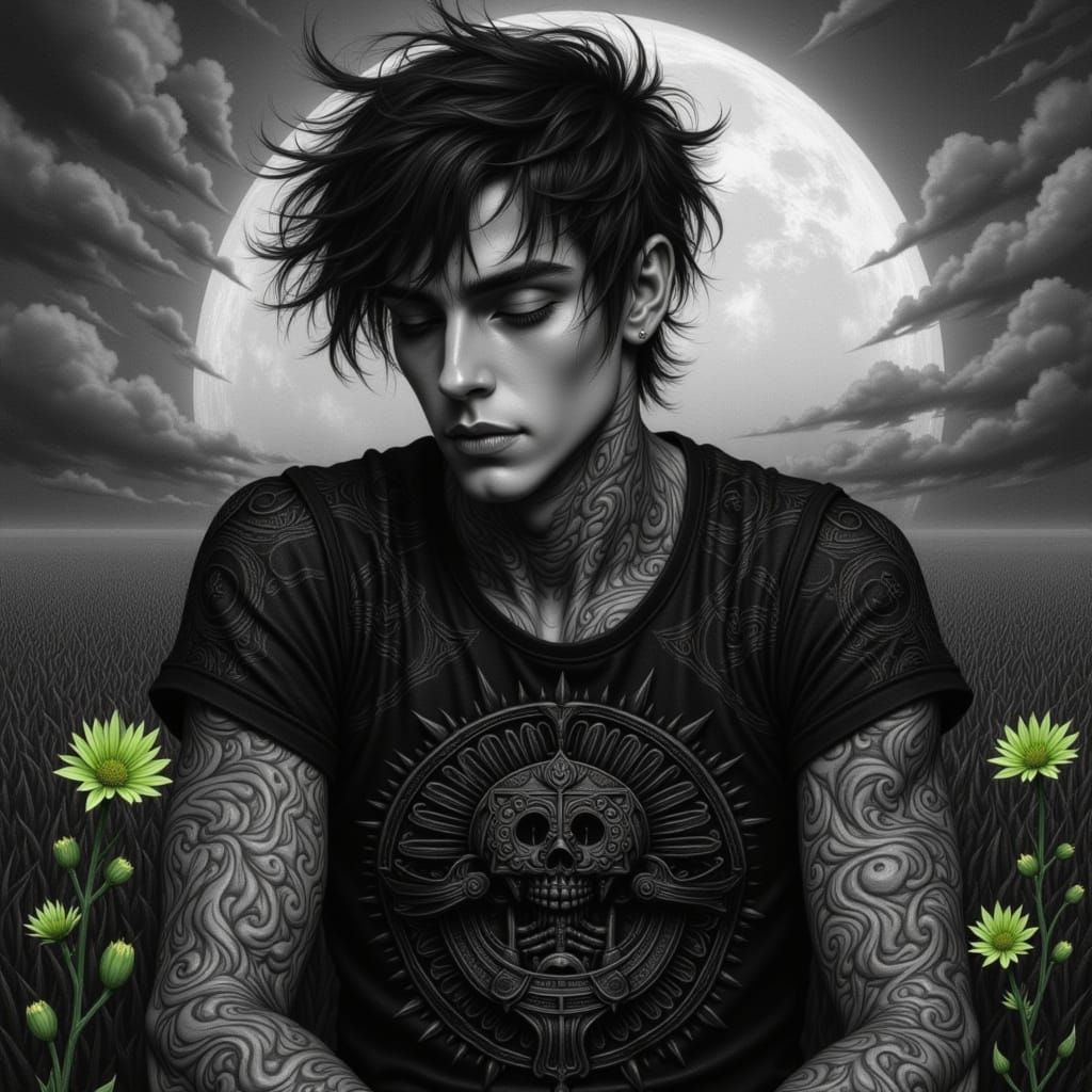 Gothic Man in Mosaic T-Shirt, Charcoal Drawing Style