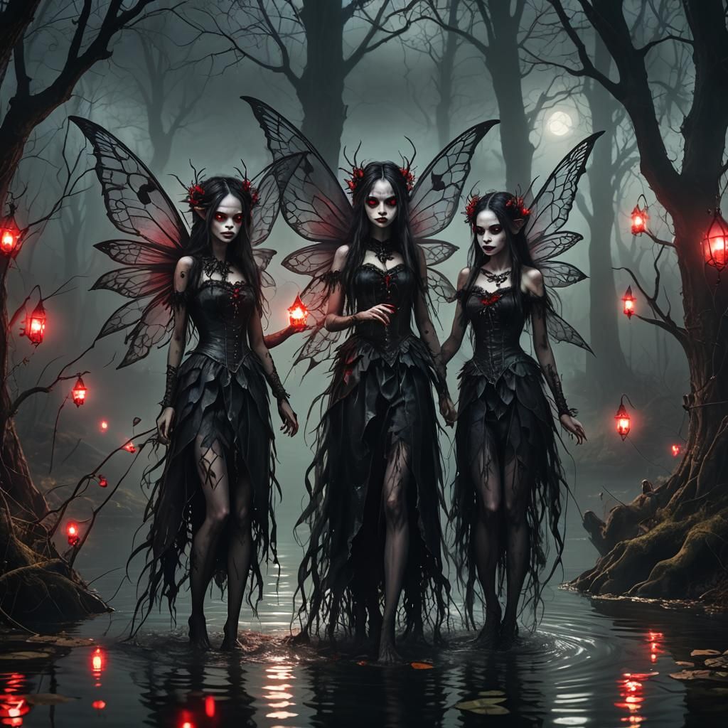 Creepy Gothic Fairies in Enchanted Forest at Night