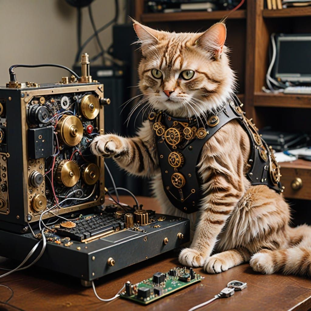 Whimsical Steampunk Feline Disassembles Vintage Computer