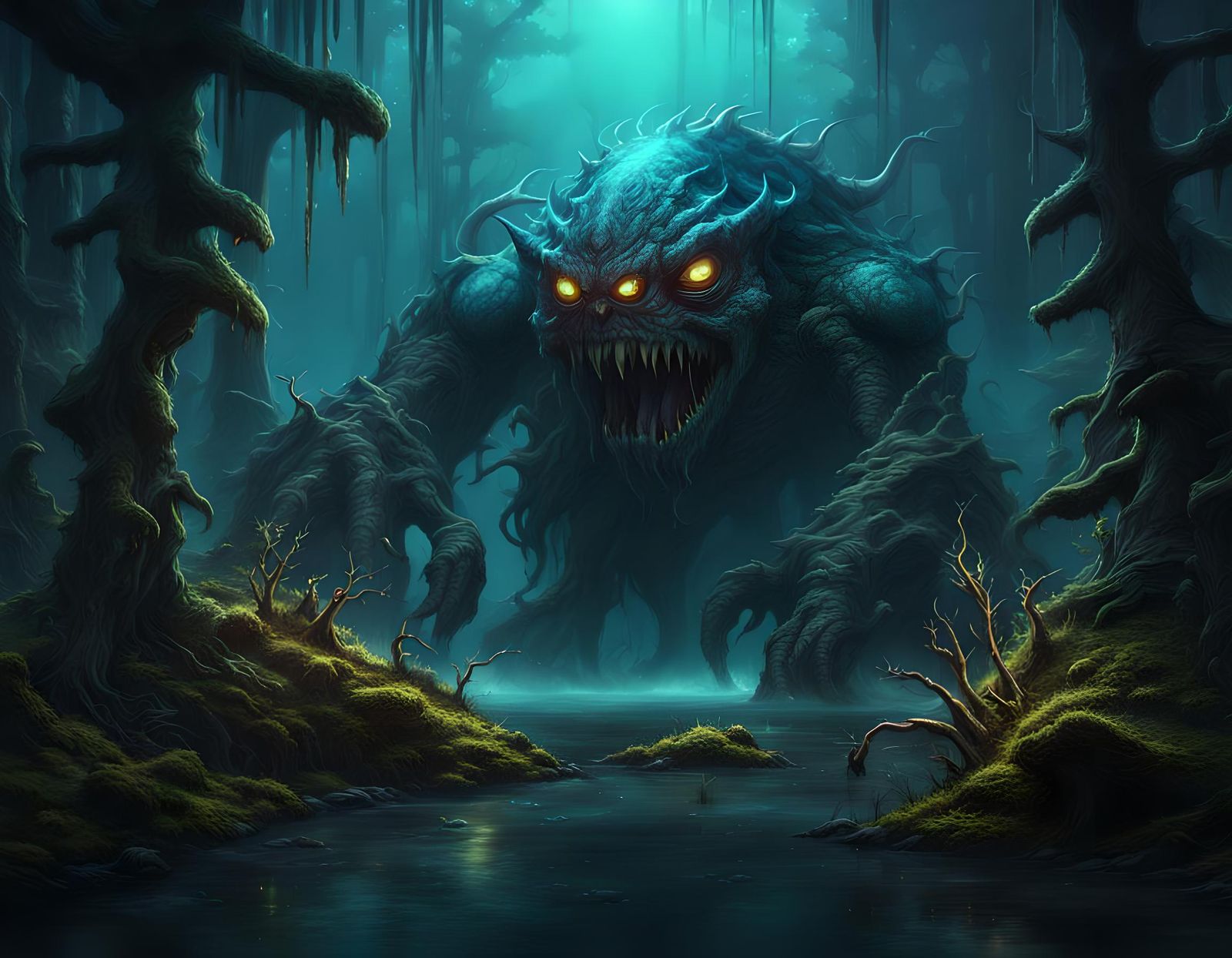 Bioluminescent Monster in Dark Swamp: Fantasy Concept Art