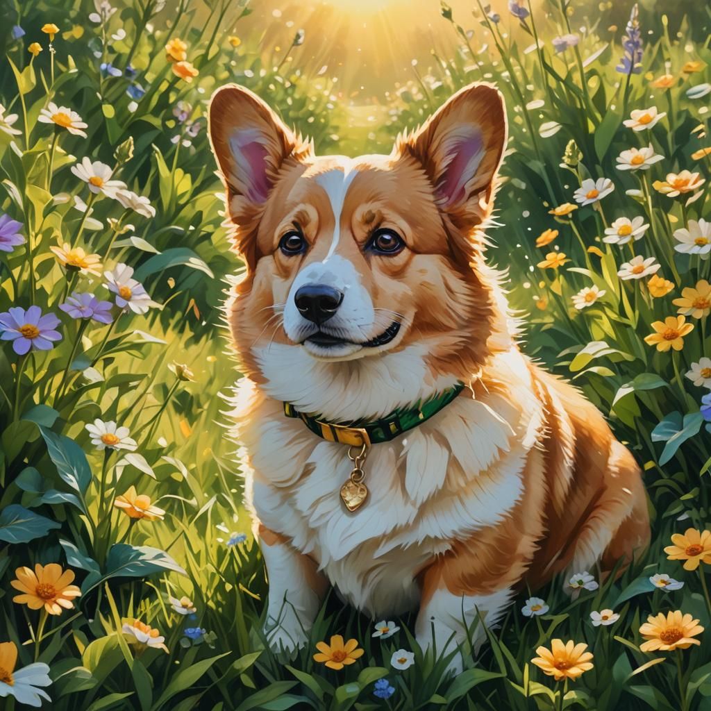Corgi Portrait in Lush Meadow, Fantasy Art