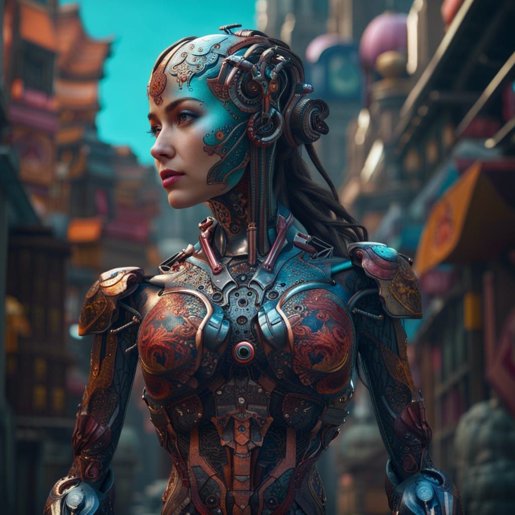 Half Robot Woman Detailed Matte Painting
