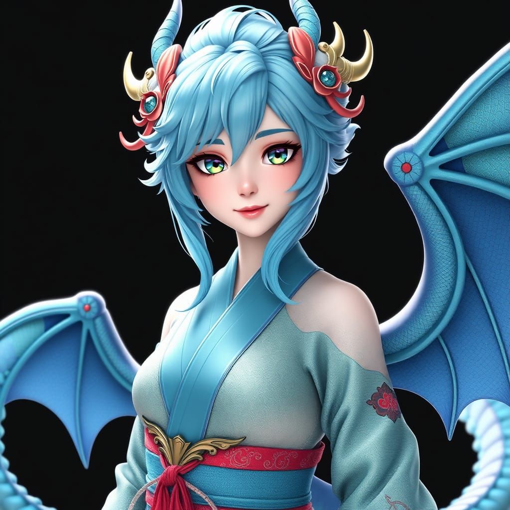 Ethereal Aqua Dragon Maiden in Vibrant Anime Style