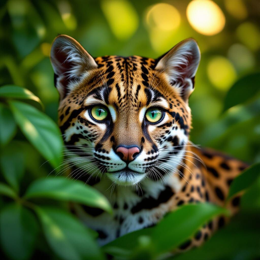 Photorealistic Ocelot Peeking from Jungle Foliage