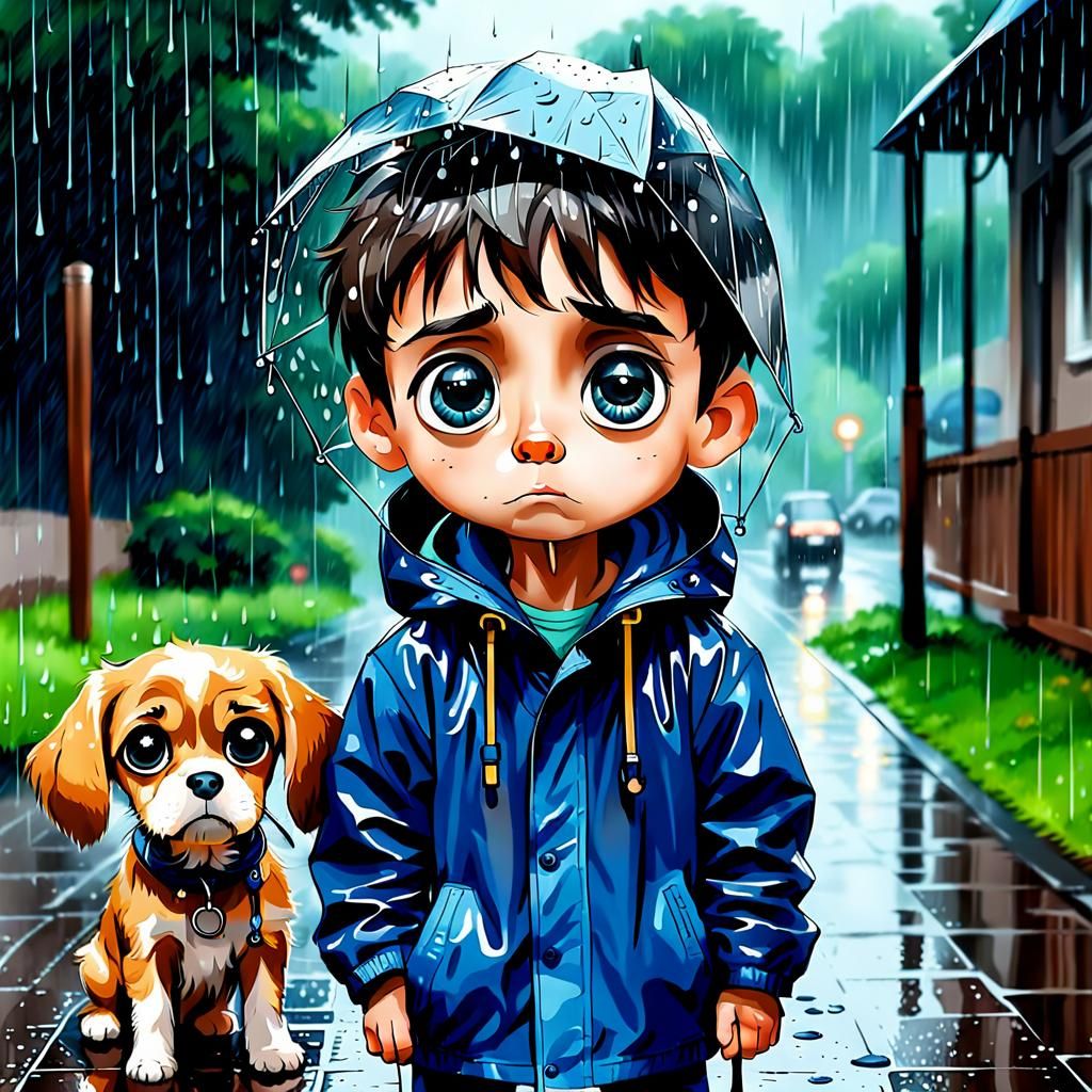 Sad Boy and Dog Walking in Rain