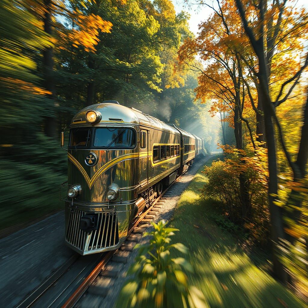 Art Deco Train Speeds Through Vibrant Forest in 4K Resolutio...